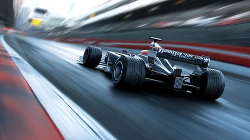 Single seater race car negotiates a high speed circuit bend