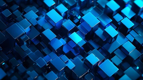 Specular blue metal cubes forming dense geometric voxel field