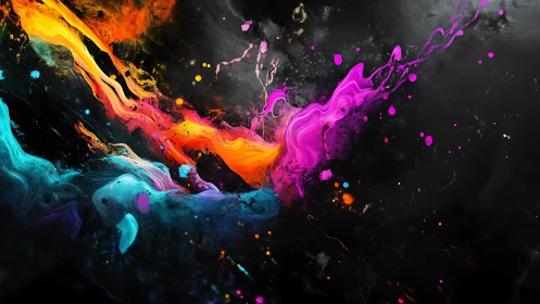 Colorful liquid paint splashes diagonally across dark background