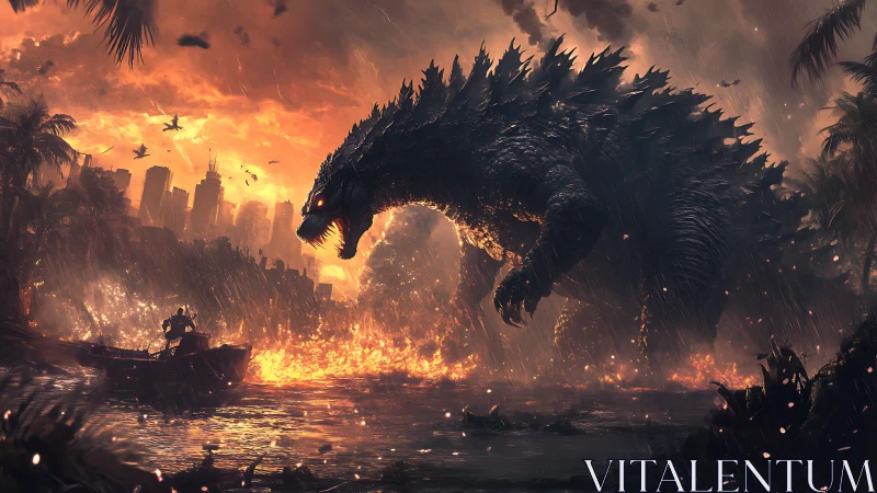 Colossal sea titan strides through a drowning, burning city