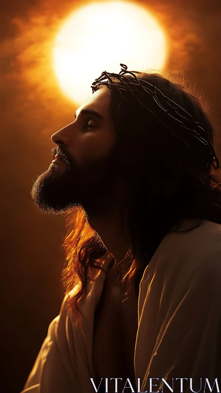 Sacred profile portrait under blazing golden halo light.