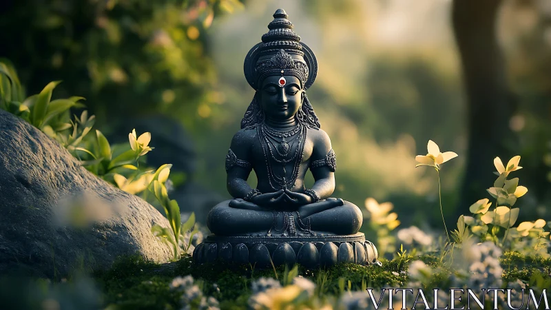 Serene stone deity statue in sunlit forest garden clearing.