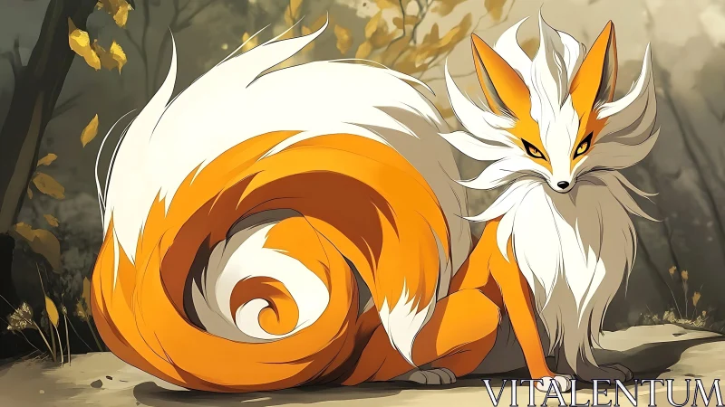 Fox spirit with nine flowing tails rests in autumn forest