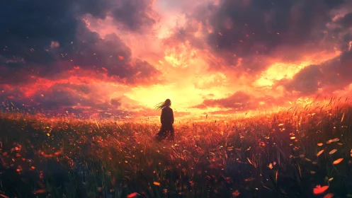 Silhouette figure stands in glowing sunset field of grass
