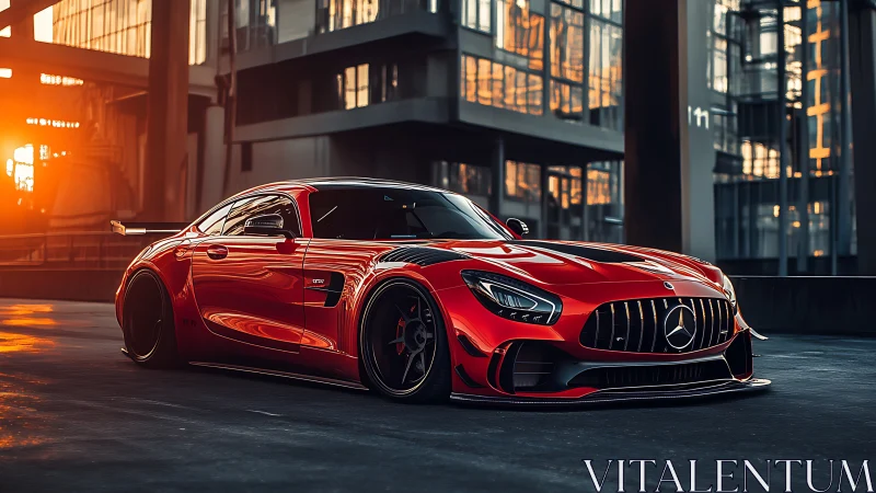 Red Mercedes sports coupe on urban rooftop at sunset.