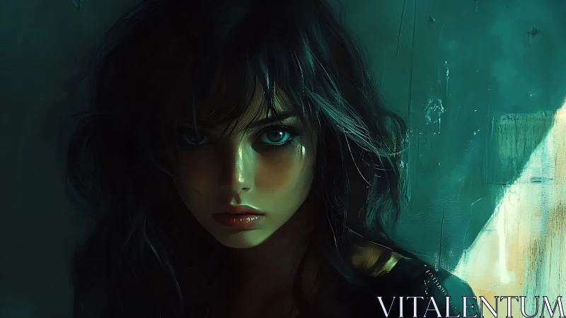 Moody teal-lit digital portrait of young woman in shadow