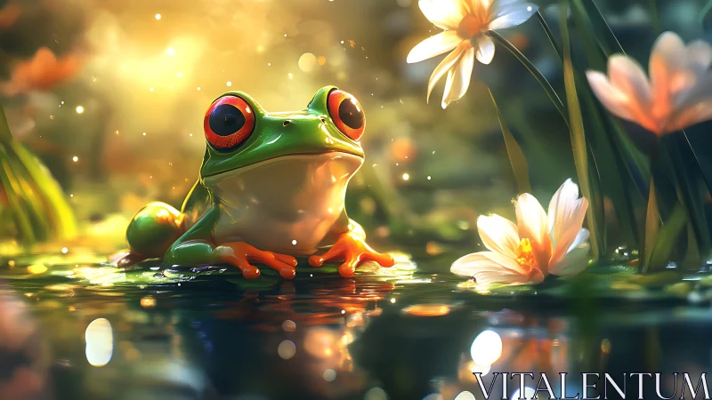 Tree frog resting in pond among soft glowing flowers.