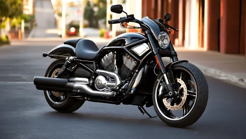 Black cruiser motorcycle parked on quiet urban street.