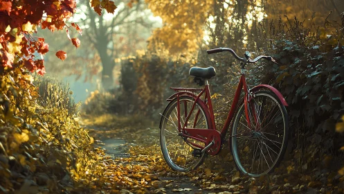 Red bicycle on autumn forest path among golden foliage.
