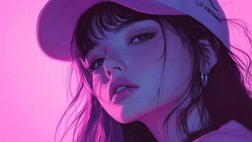 Soft neon gaze of a dreamy girl in glowing pink light.