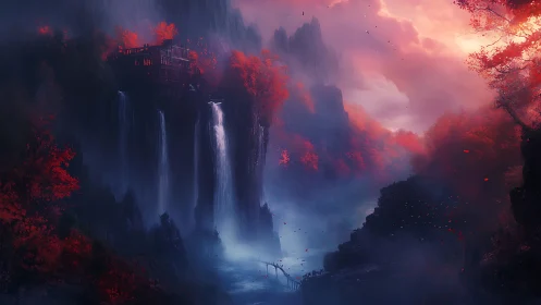 Cliffside waterfalls descend through dense red forest valleys