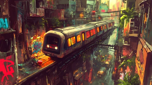 Neon skytrain glides through graffiti canyon at dusk.