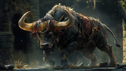 Armored ruin-minotaur stalks through crumbling citadel dusk.