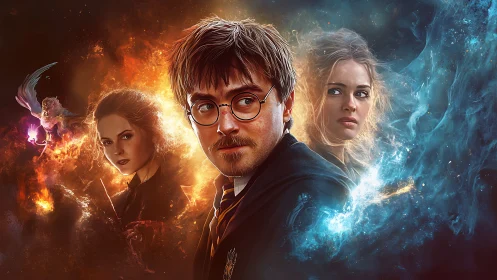 Magical trio portrait framed by opposing fiery and icy auras