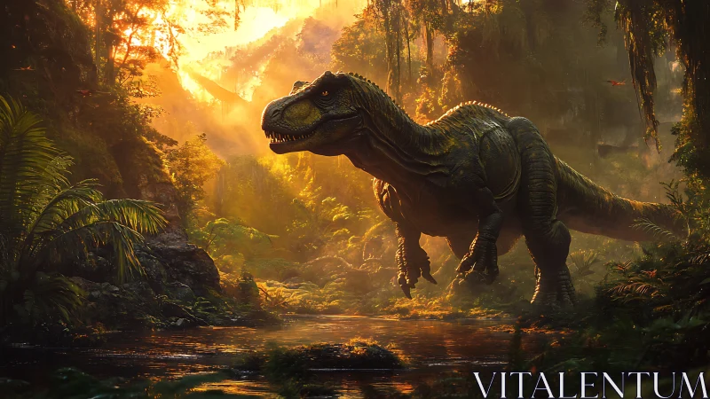 Tyrannosaurus rex rendered in dense prehistoric jungle habitat.