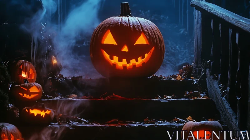 Jack-o’-lantern royalty rules foggy stairs under moonlit mischief