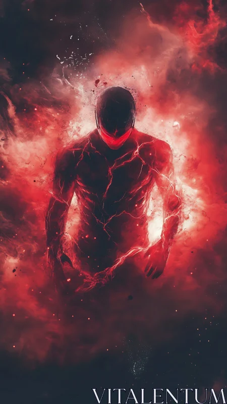 Energy-wreathed humanoid emerges from blazing crimson void.