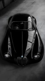 Top-down optical study of streamlined black BMW coupe form.