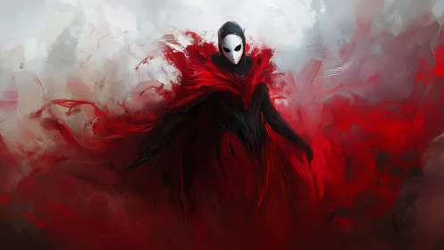 Masked wraith figure in crimson vortex on misted backdrop.