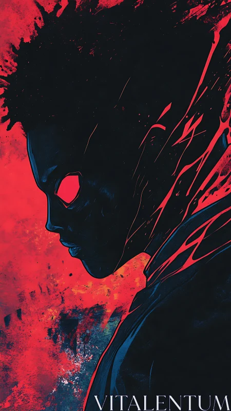 Shadowed vigilante profile against blazing red void.