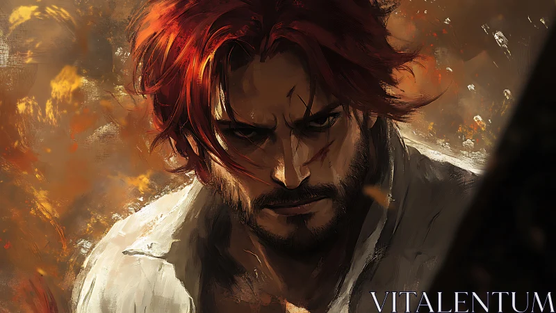 Battle-scarred warrior glares through fiery swirling embers.