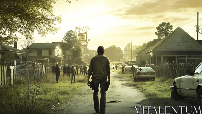 Backlit survivor traverses decayed suburb amid dispersed undead.