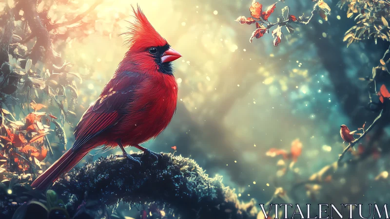 Vibrant Cardinal in Enchanted Forest, Dreamlike Digital Art.