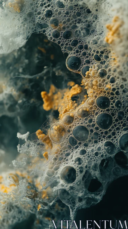 Foamy microcosm drifts like alien reefs in teal twilight