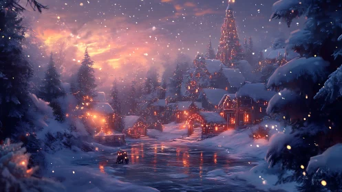 Snowy riverside village glows under a warm twilight sky.