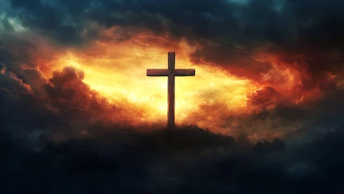 Digital painting of illuminated wooden cross in storm-lit sky.
