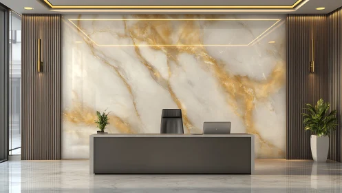 Modern reception desk before illuminated gold marble wall