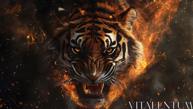 Ferocious tiger head engulfed in blazing cinematic flames.