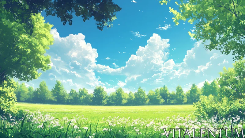 Summer clouds drift lazily above a meadow framed in green