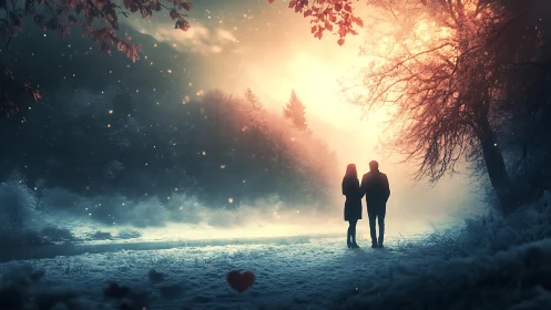Couple in Winter Forest at Magical Sunrise