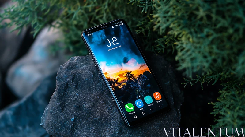 Smartphone on Rock Amid Lush Greenery.