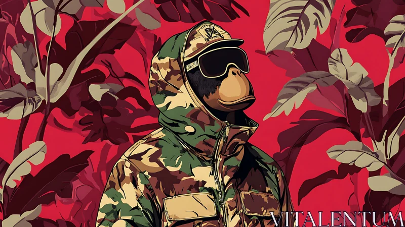 Anthropomorphic primate in camouflage jacket before foliage.