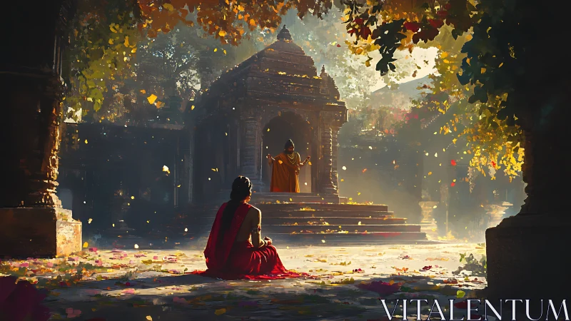 Morning petals listen as silent disciples meet the temple