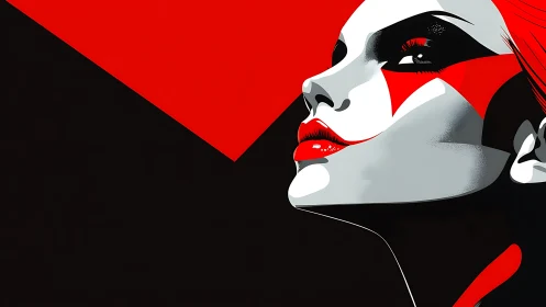 Stylized woman portrait in bold red, black, and white tones.
