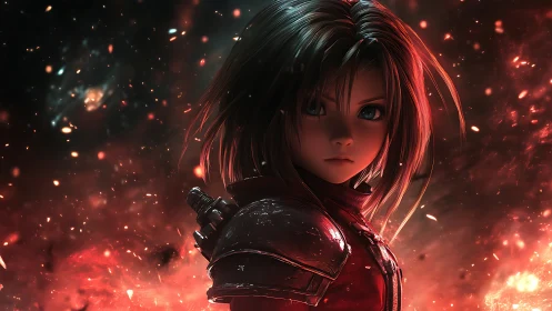 Armored anime warrior amid incandescent particle storm.