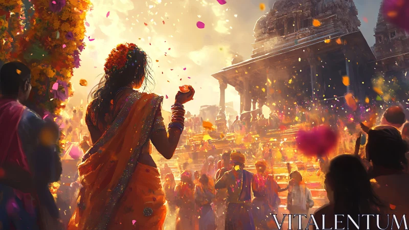 Backlit temple festival crowd with dynamic color-saturated petals