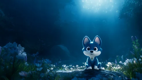 Digital painting of blue puppy in luminous forest clearing.