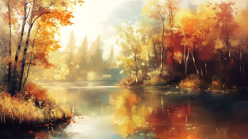Golden autumn river glows with soft morning light.