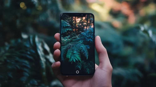 Hand holding smartphone displaying vivid forest ferns.