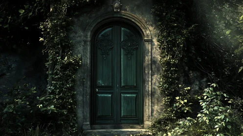 Enchanted green door framed by overgrown ivy shadows.