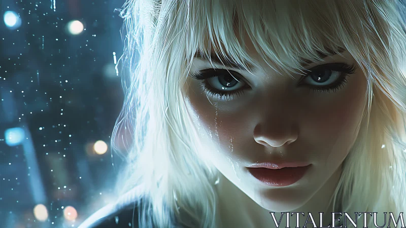 Intense close-up of blonde woman with rain-streaked face.