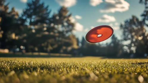 Red disc is captured mid-flight above a grassy field