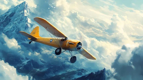 Sunlit yellow scout plane threads the clouds like silk