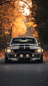 Classic muscle car glows against a golden autumn roadway