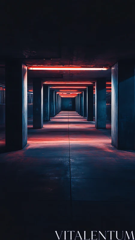 Cyberpunk corridor with neon-lit columns and deep vanishing point.
