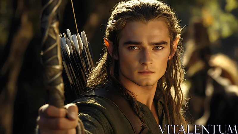 Elf archer aiming bow in sunlit forest battle stance.